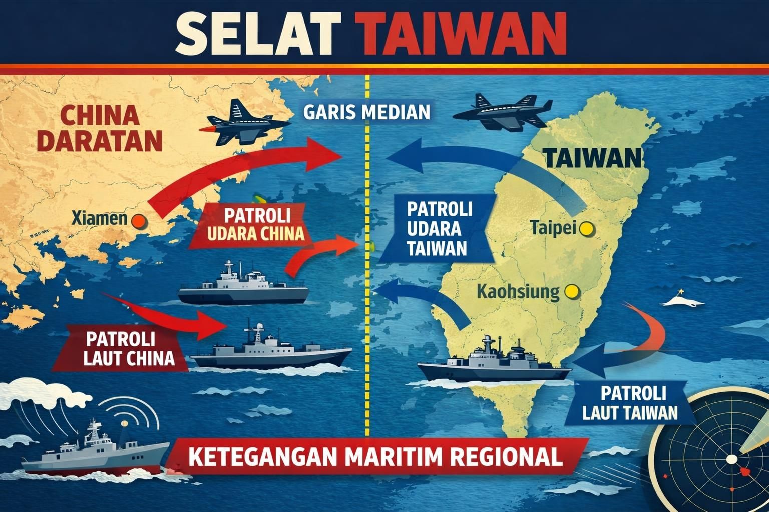 china menggelar latihan militer di sekitar selat taiwan, menurut kementerian pertahanan, meningkatkan ketegangan di wilayah tersebut.