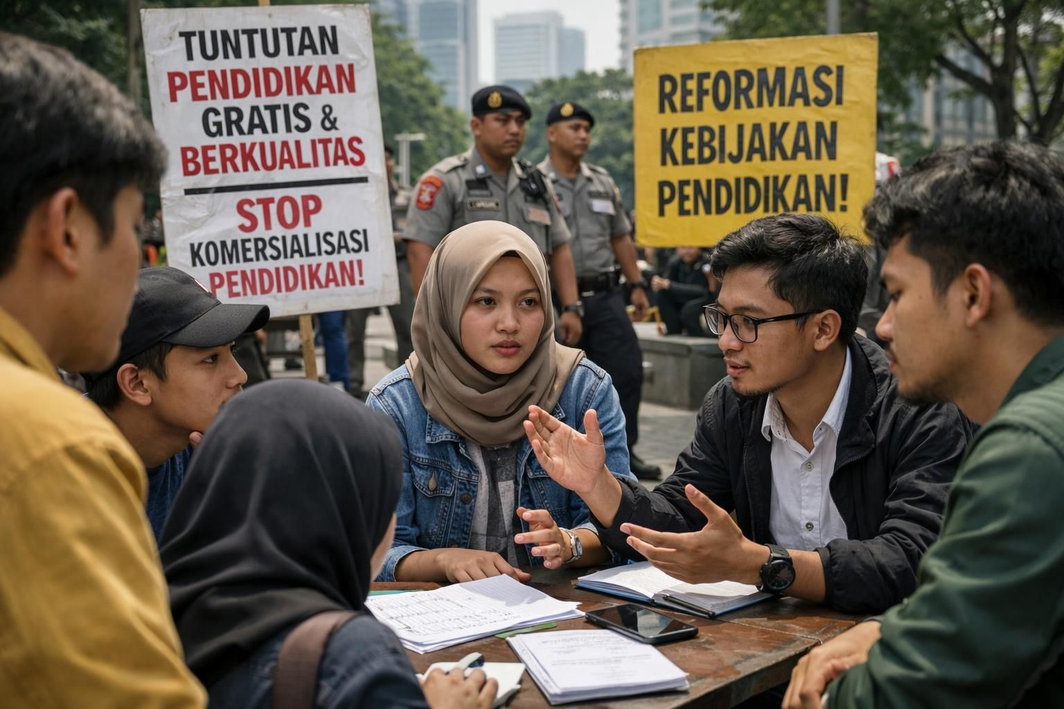 polisi mengamankan demonstrasi mahasiswa di jakarta yang menuntut perubahan kebijakan pendidikan untuk masa depan yang lebih baik.