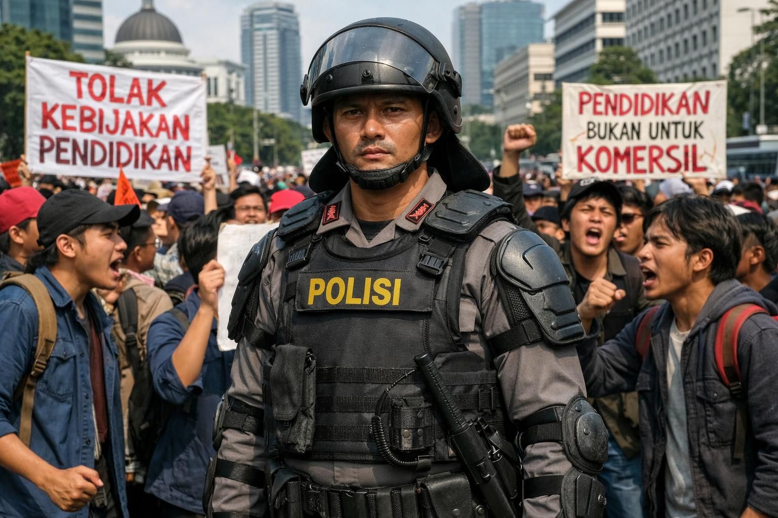 polisi mengamankan demonstrasi mahasiswa di jakarta yang menuntut perubahan kebijakan pendidikan, memastikan keamanan dan ketertiban selama aksi berlangsung.
